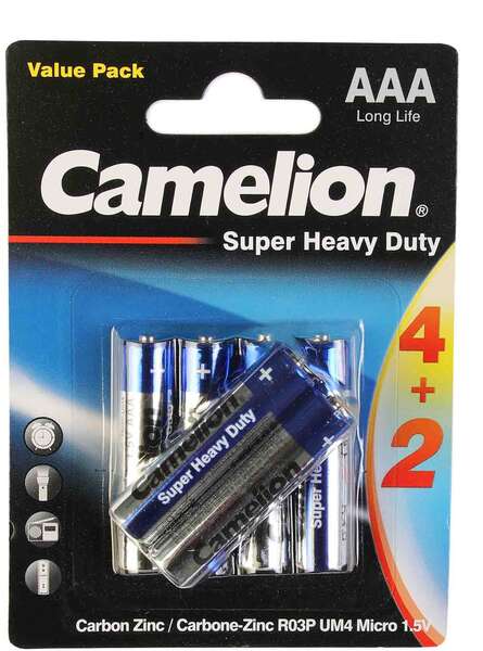باتری نیم قلمی AAA کملیون مدل Super Heavy Duty بسته 6 عددی