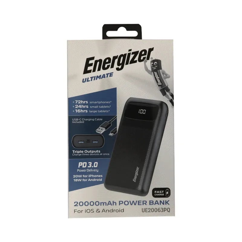 پاور بانک انرجایزر PowerSafe 20W PD مدل  Energizer UE20063PQ ظرفیت 20000 میلی آمپر سه پورت به همراه کابل USB-C gallery0